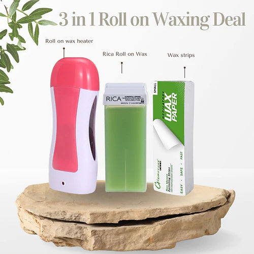 Rica Roll On Wax Deal Pack OF 3 Depilatory Machine + Rica Roll On Wax + Wax papers(50pcs)