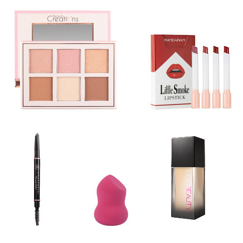 FLORAL-BLOOM-HIGHLIGHTER-AND-CONTOUR-PALETTE-LITTLE-SMOKE-LIPSTICKS-PACK-ANASTASIA-BROW-DEFINER-HUDA-BEAUTY-FOUNDATION-BEAUTY-BLENDOR