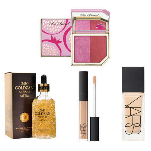 TOO-FACED-POMEGRANATE-BLUSH-NARS-FOUNDATION-CONCEALER-24K-GOLDZAN-AMPULE