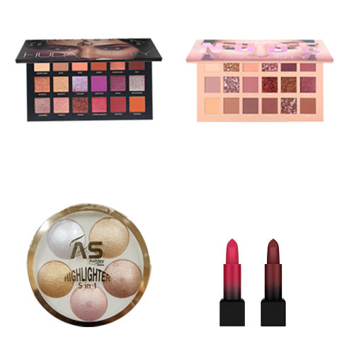 HUDA-NUDE EYESHADOW-PALETTE-HUDA-DESERT-DUSK-EYESHADOW-PALETTE-TWO-HUDA-POWER-BULLET-LIPSTICKS-5-IN-1-HIGHLIGHTER-PALETTE