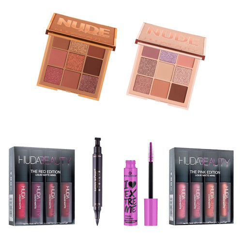HUDA-MINI-NUDE-EYESHADOWS-HUDA-MINI-LIPGLOSS-SETS-ESSENCE-MASCARA-MISS-ROSE-STAMP-EYELINER
