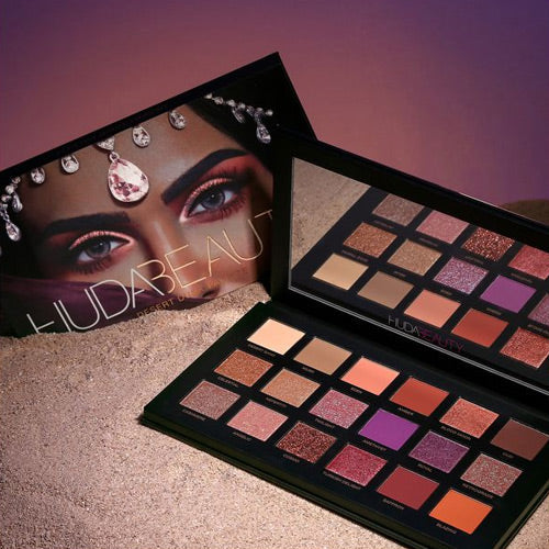 HUDA-NUDE EYESHADOW-PALETTE-HUDA-DESERT-DUSK-EYESHADOW-PALETTE-TWO-HUDA-POWER-BULLET-LIPSTICKS-5-IN-1-HIGHLIGHTER-PALETTE