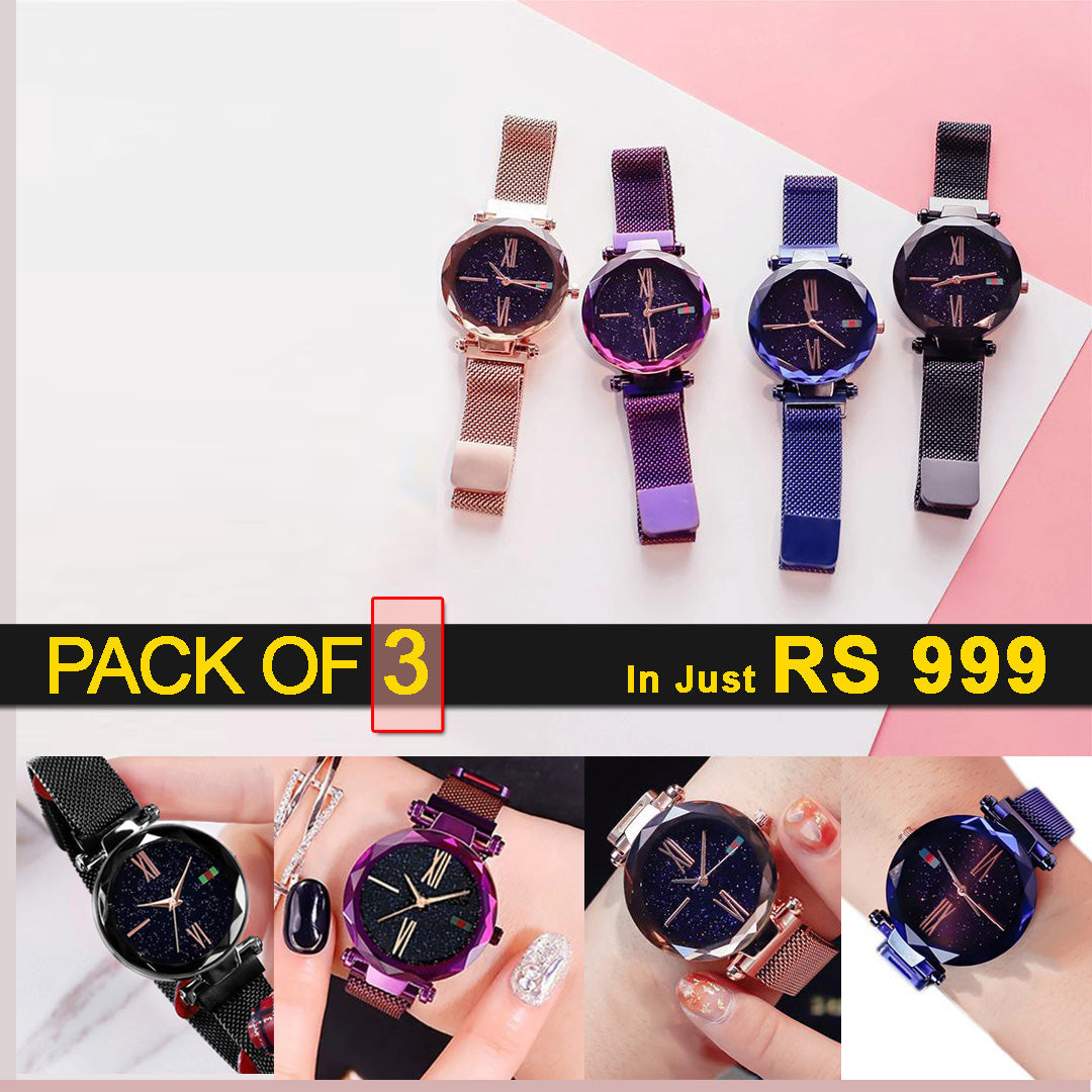 Pack of 3 Ladies Wrist Watches Luxury Starry Sky Magnet Buckle