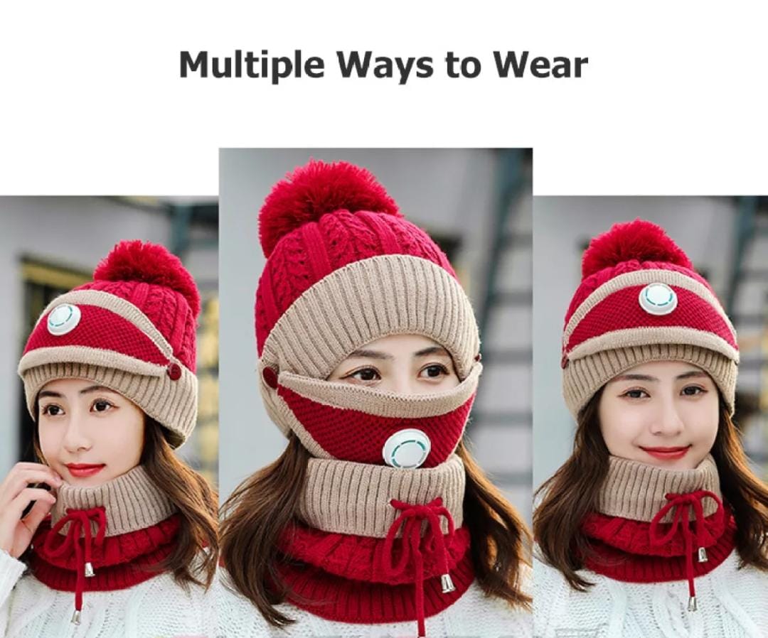 3PCS Knitted Hat Scarf Cap Breathable Mask Winter Warm Crochet Neck Knit Baggy Beanie Wool Skull Hat Ski Cap Scarf Beanie Scarf Bonnet Warm Hairball Baggy Hat Mask with Breathing valve