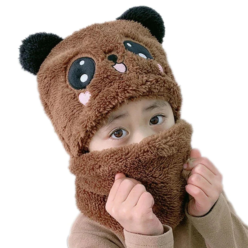 Winter Baby Cap Set Velvet Cartoon Panda Rabbit Baby Head Cover Warm Neck Collar Kids Beanies Sets Plush Children Hat Scarf