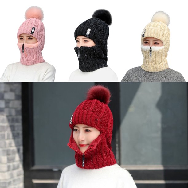 Warm Hat for Women, Women Winter Warm Knitted Hat Scarf Set,Beanie Cap Face Mask With Zip Neck Ear Warmer Thick Windproof Fleece Padded Hood Cycling By MUTOCAR