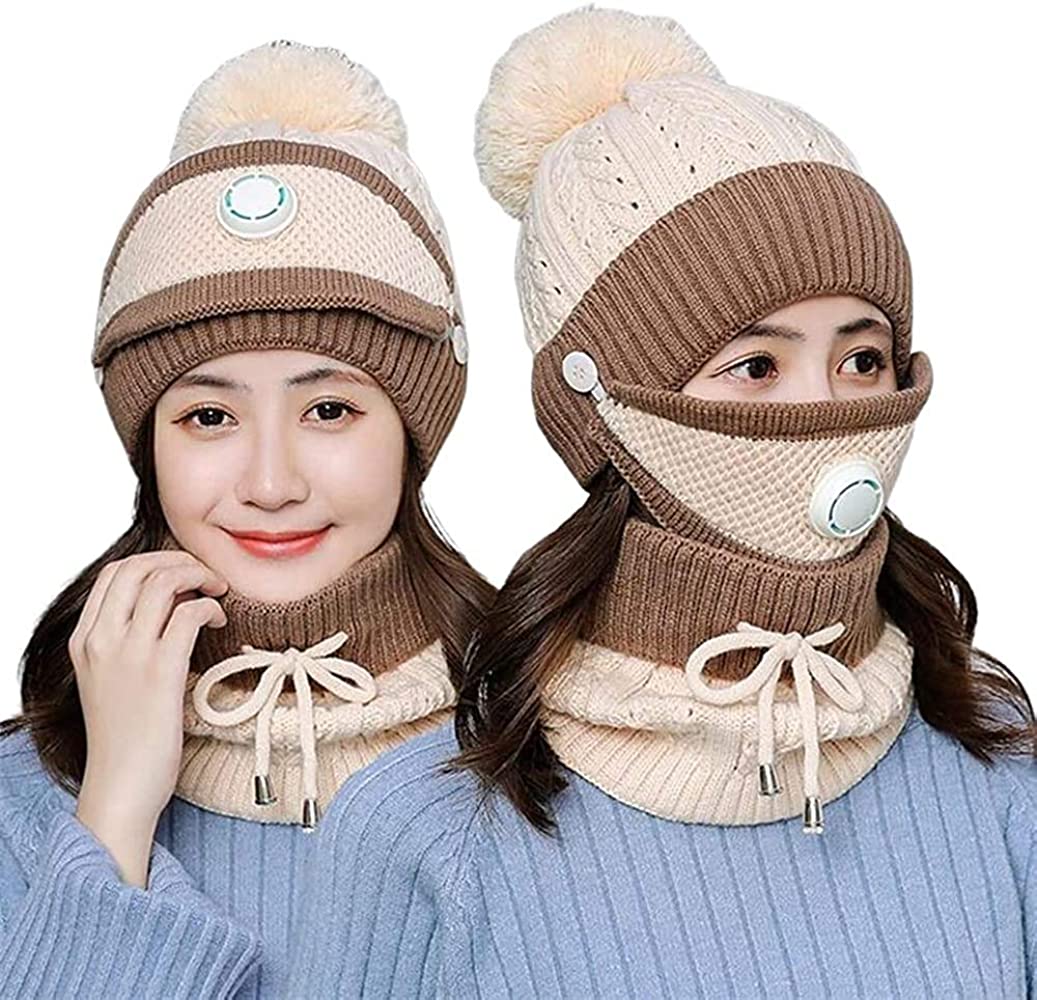 3PCS Knitted Hat Scarf Cap Breathable Mask Winter Warm Crochet Neck Knit Baggy Beanie Wool Skull Hat Ski Cap Scarf Beanie Scarf Bonnet Warm Hairball Baggy Hat Mask with Breathing valve