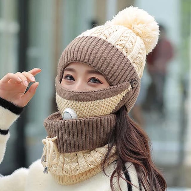 3PCS Knitted Hat Scarf Cap Breathable Mask Winter Warm Crochet Neck Knit Baggy Beanie Wool Skull Hat Ski Cap Scarf Beanie Scarf Bonnet Warm Hairball Baggy Hat Mask with Breathing valve