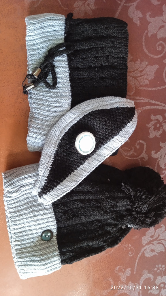 3PCS Knitted Hat Scarf Cap Breathable Mask Winter Warm Crochet Neck Knit Baggy Beanie Wool Skull Hat Ski Cap Scarf Beanie Scarf Bonnet Warm Hairball Baggy Hat Mask with Breathing valve