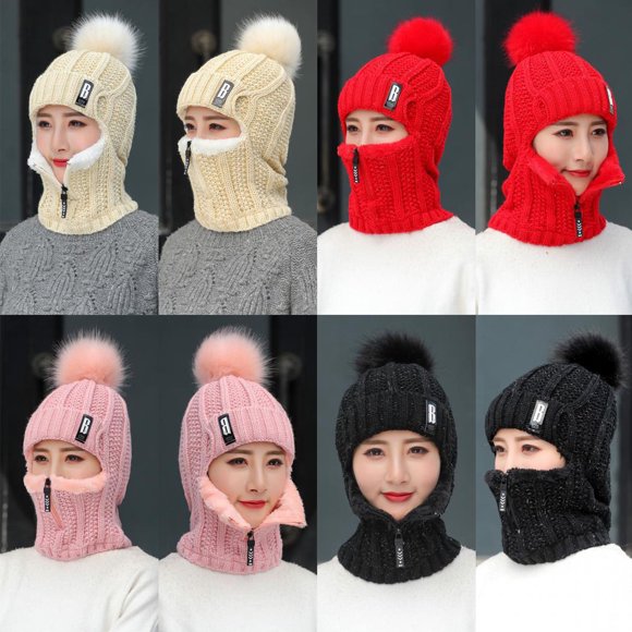 Warm Hat for Women, Women Winter Warm Knitted Hat Scarf Set,Beanie Cap Face Mask With Zip Neck Ear Warmer Thick Windproof Fleece Padded Hood Cycling By MUTOCAR