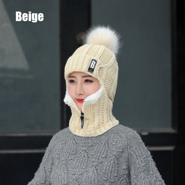 Warm Hat for Women, Women Winter Warm Knitted Hat Scarf Set,Beanie Cap Face Mask With Zip Neck Ear Warmer Thick Windproof Fleece Padded Hood Cycling By MUTOCAR