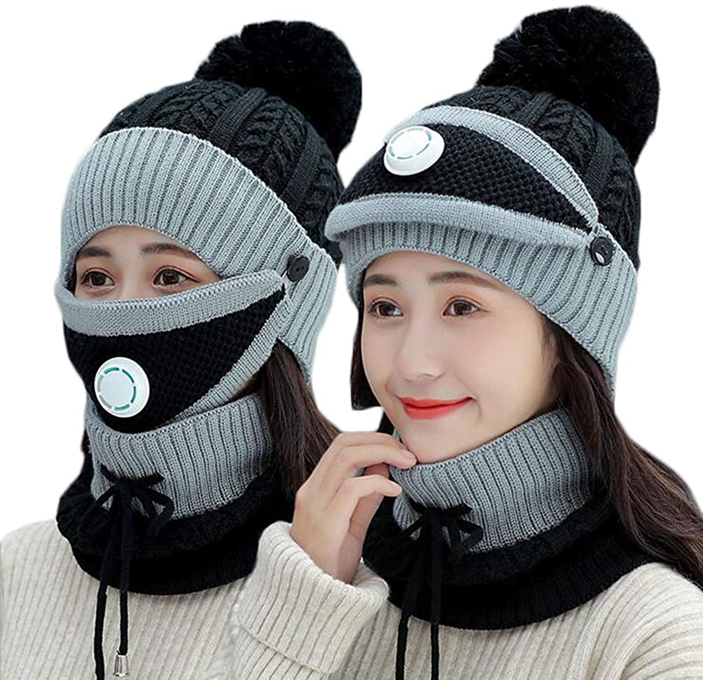 3PCS Knitted Hat Scarf Cap Breathable Mask Winter Warm Crochet Neck Knit Baggy Beanie Wool Skull Hat Ski Cap Scarf Beanie Scarf Bonnet Warm Hairball Baggy Hat Mask with Breathing valve