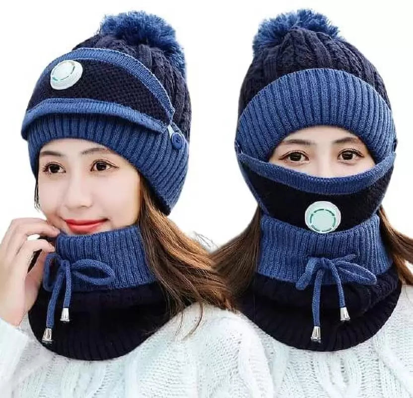 3PCS Knitted Hat Scarf Cap Breathable Mask Winter Warm Crochet Neck Knit Baggy Beanie Wool Skull Hat Ski Cap Scarf Beanie Scarf Bonnet Warm Hairball Baggy Hat Mask with Breathing valve